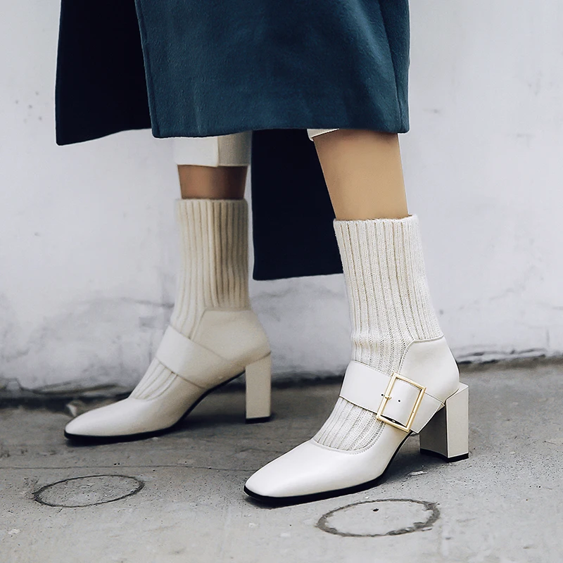 Boots Women Genuine Leather Mid-calf Boots Fashion High Heels Autumn Winter Party Prom Shoes Woman Office