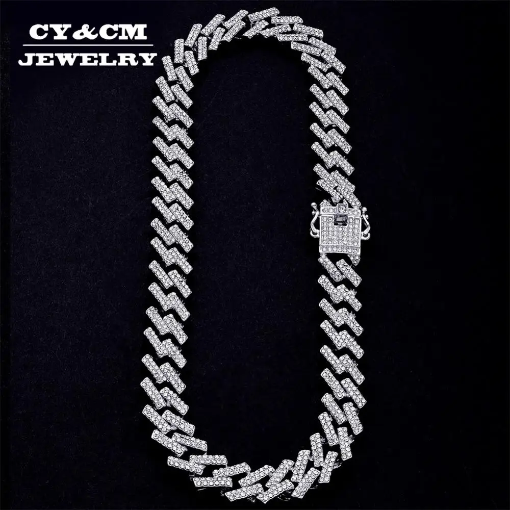 

15mm Mens Gold Silver Color Necklace Full Iced Out Crystal Rhinestones Heavy Miami Cuban Link Chain Prong Hip Hop Necklaces