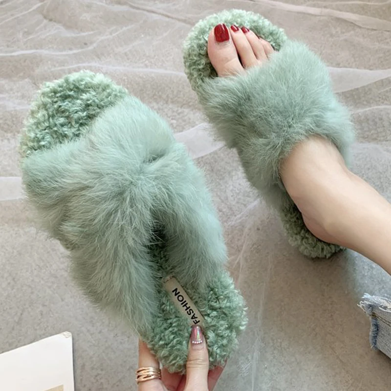 

2021 Ladies Fur Slides Fashion Criss-Cross Woman Slippers House Fluffy Autumn Winter Lazy Curly Plush Fuzzy Slippers For Womens