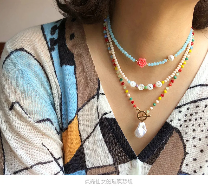 

Simple blue rice bead handmade beaded necklace for female with rose flower pearl clavicle chain jewelry wholesale