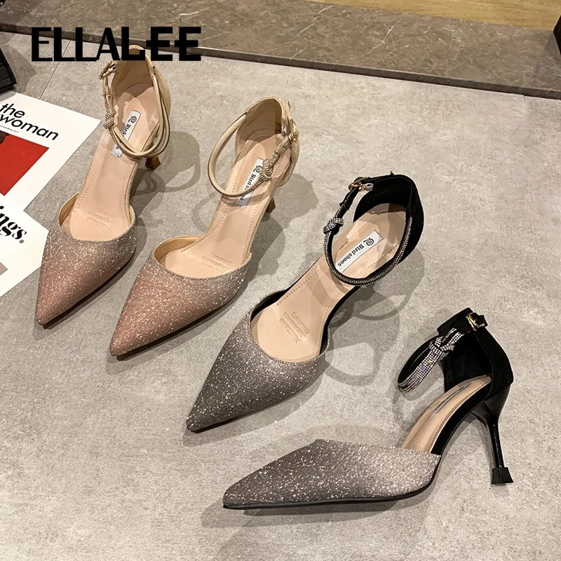 

ELLALEE High Heels for Women Stiletto Elegant Slip-on Buckle Shoes Ladies Pumps Pointed Toe Shallow Shiny Female Shoe