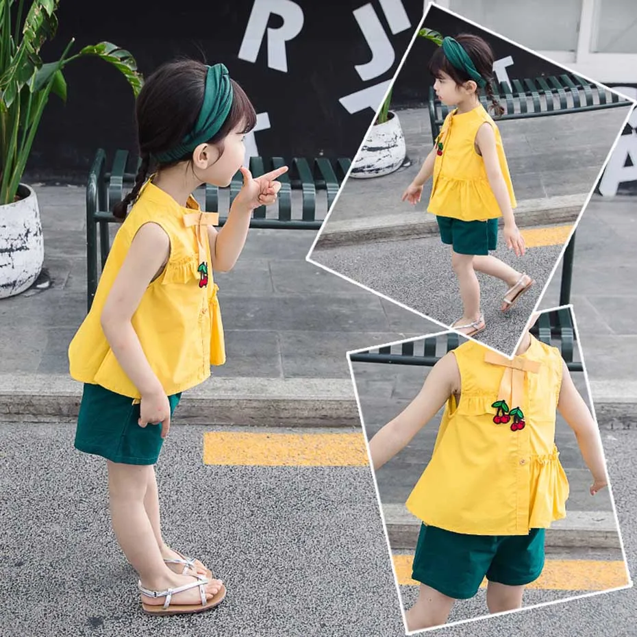 Одежда для маленьких девочек блузка с вишенками + шорты комплект одежды из 2