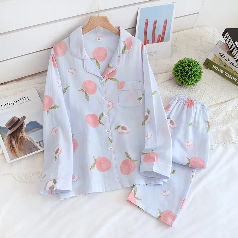 

2PCS PAJAMAS Set With Pocket Female Cotton Sleepwear Print Peaches Home Clothes Casual Homewear Spring Nightwear Lounge Wear