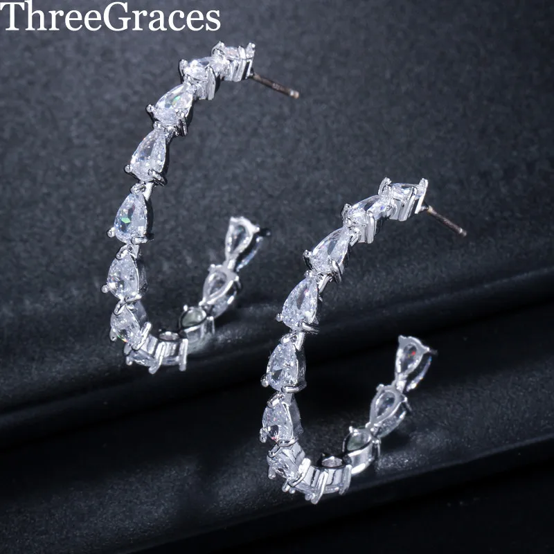 Женские блестящие серьги-кольца Threegraces с кубическим цирконием серебристого