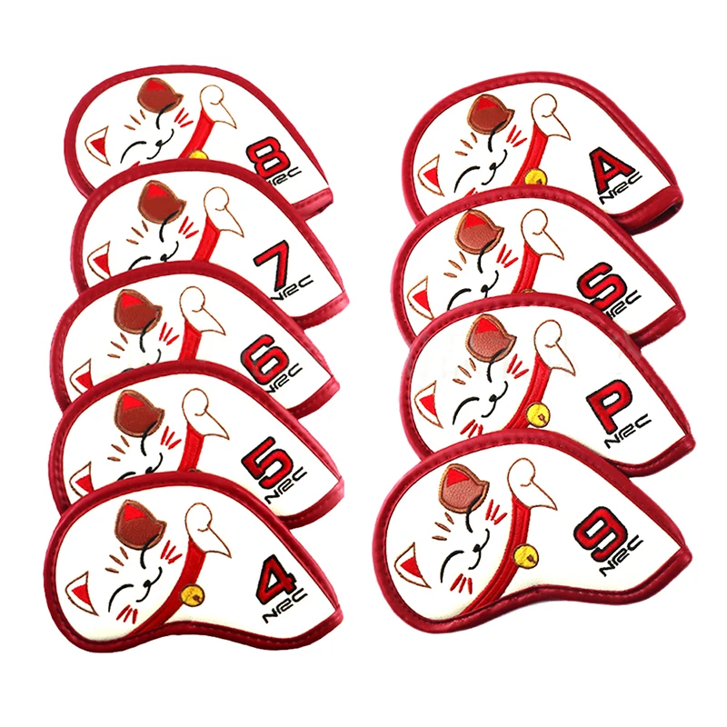 

9Pcs Head Covers Lovely Fortune Cat Design 4 5 6 7 8 9 P S A Iron Headcovers PU Leather Clubs Protective Covers Fit Most Irons