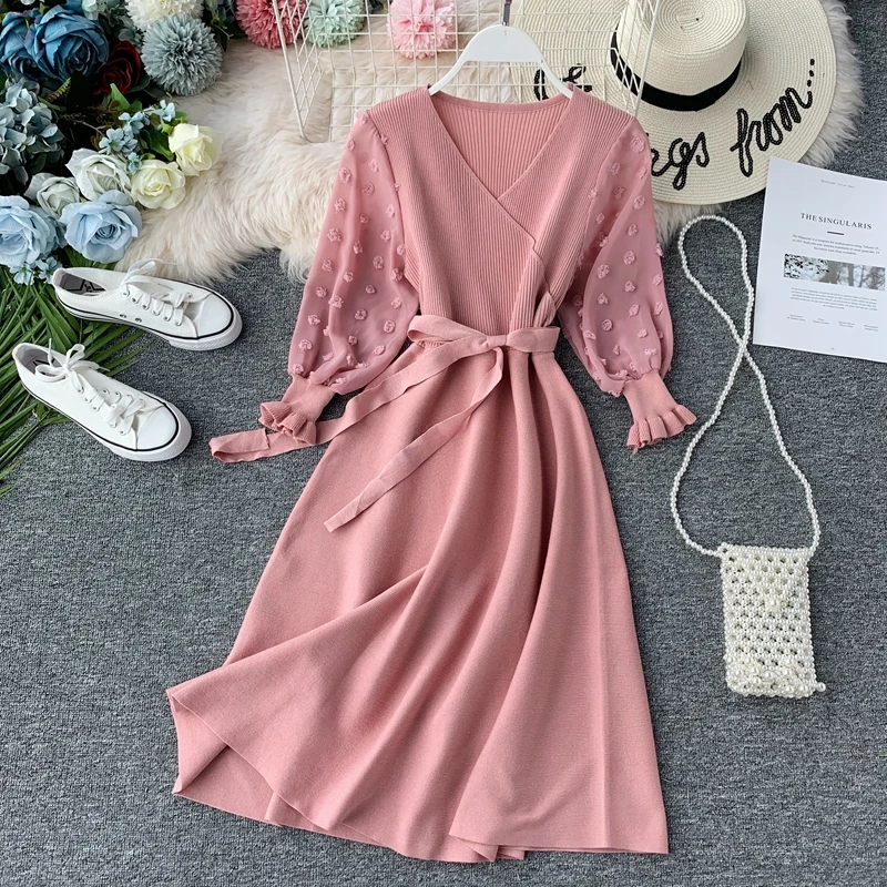 

Женское трикотажное платье-трапеция, розовое элегантное офисное платье с V-образным вырезом и рукавом три четверти, осень 2022