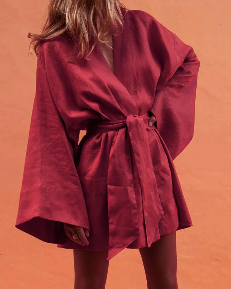 Повседневное хлопковое льняное платье для женщин с длинным Расклешенным рукавом