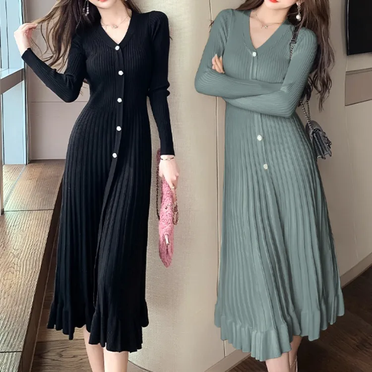 

2021 Korean Style Winter Knitting Sweater Large V-neck Long Sleeve Big Hem-Shaped Drill Buckle Dress for Women