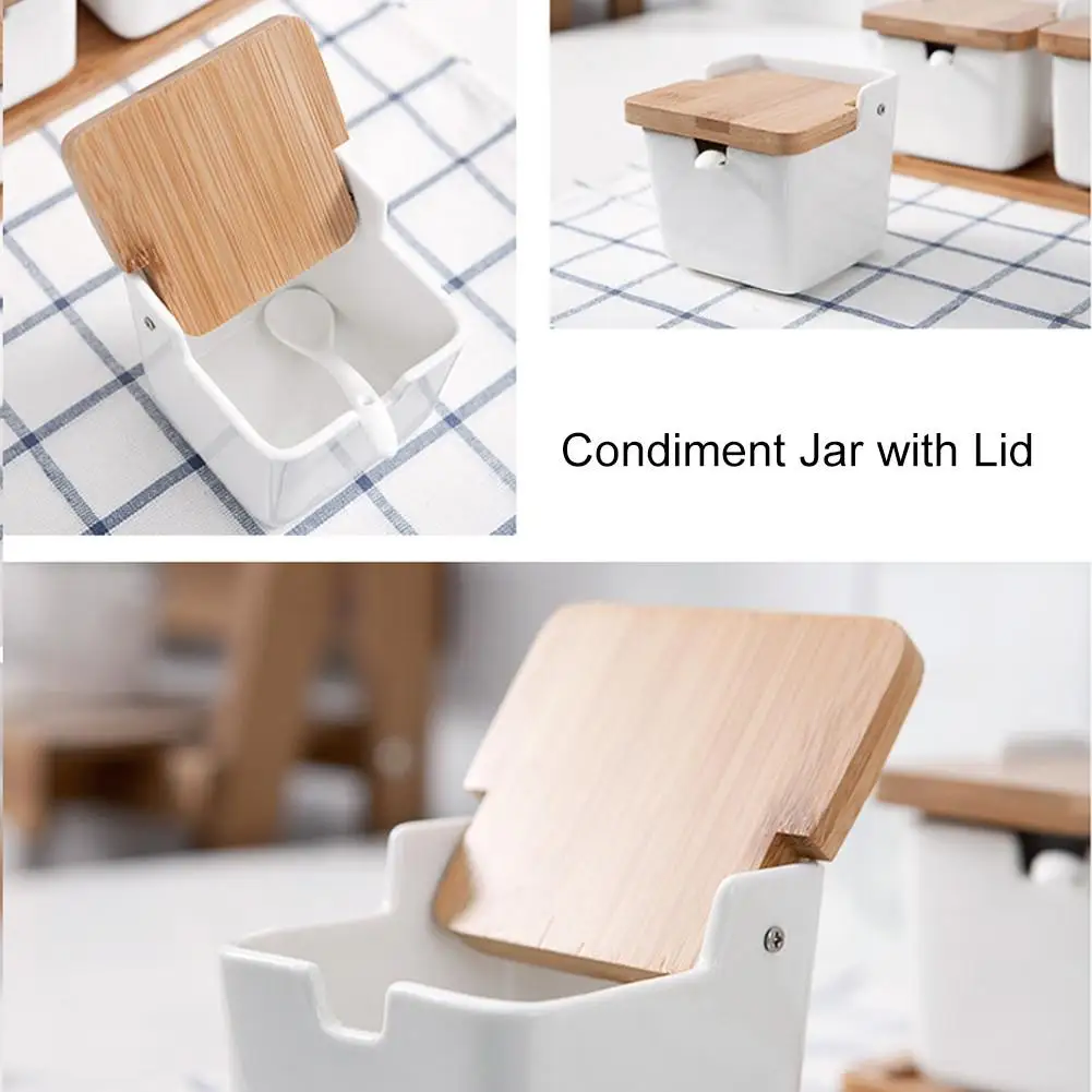 

Set of Ceramic Seasoning Rack Spice Pots Bowls With Spoon & Porcelain Box and Bamboo Cover - Storage Container Condiment Jars
