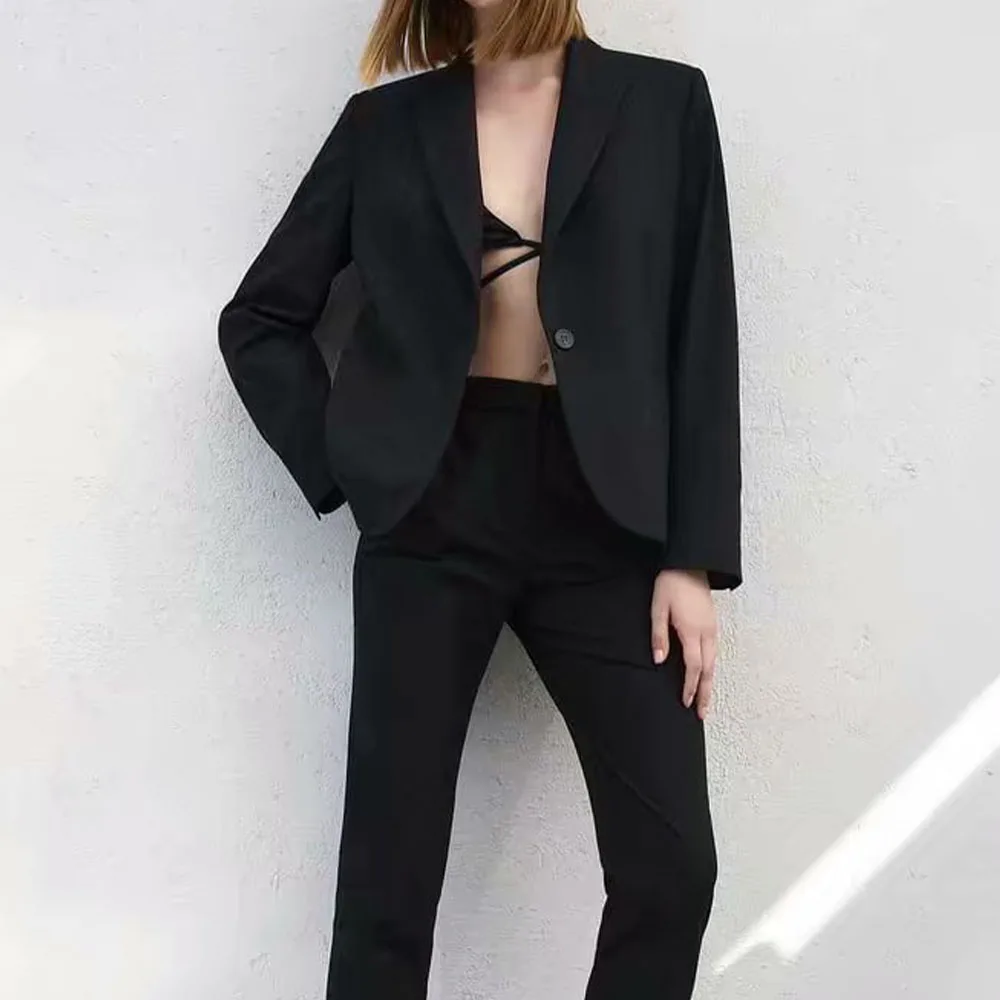 

2021 Za New Women Fashion Single Button Black Blazer Coat Vintage Long Sleeve Basic Models Female Outerwear Chic Femme