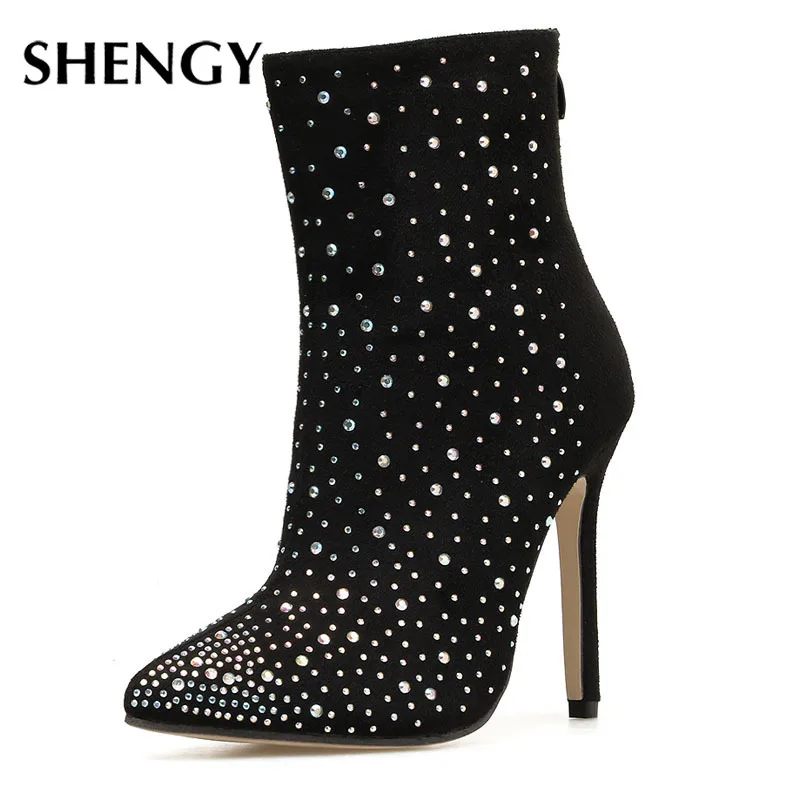 

Women Shoes 2021New Crystal Casual Style 11.5Cm Thin Heels Boots Pointed Toe Boots Handsome Bling Boots Women's High Heels