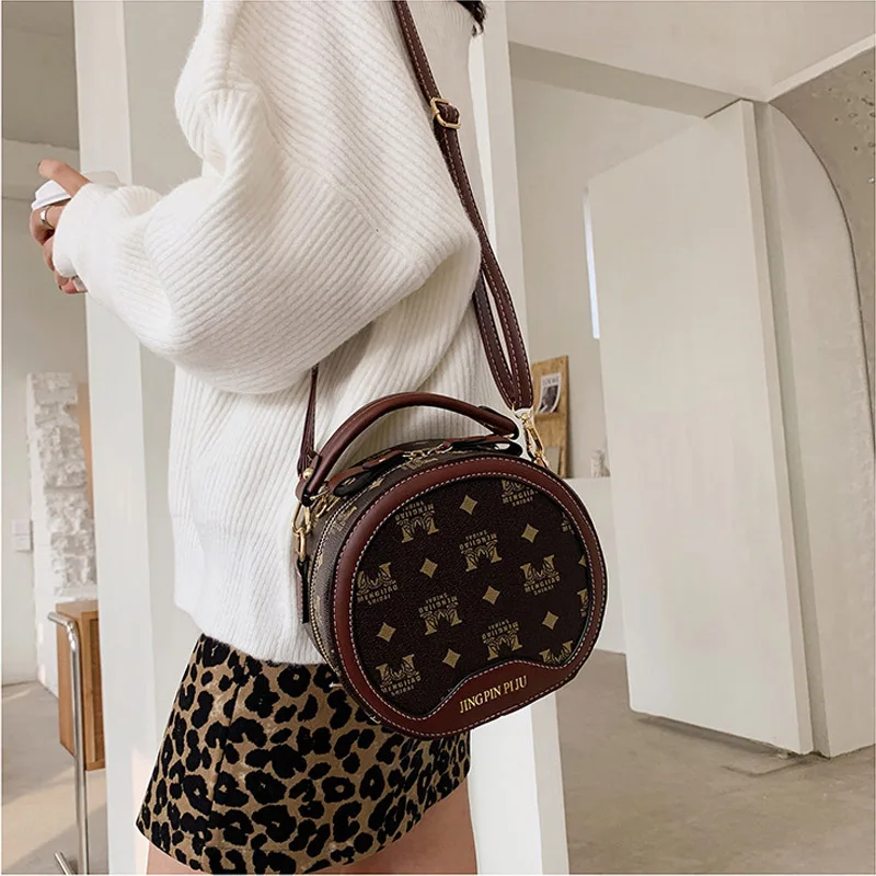 

Luxury Printed Round-cake Bags Coffee/White/Brown Designer Brand Zipper Shoulder/Crossbody Bags Soft Leather Women's Handbags