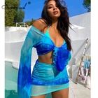 Simenual комплект из 2 предметов: топ и юбка в сеточку с завязками и расклешенными длинными рукавами для женщин