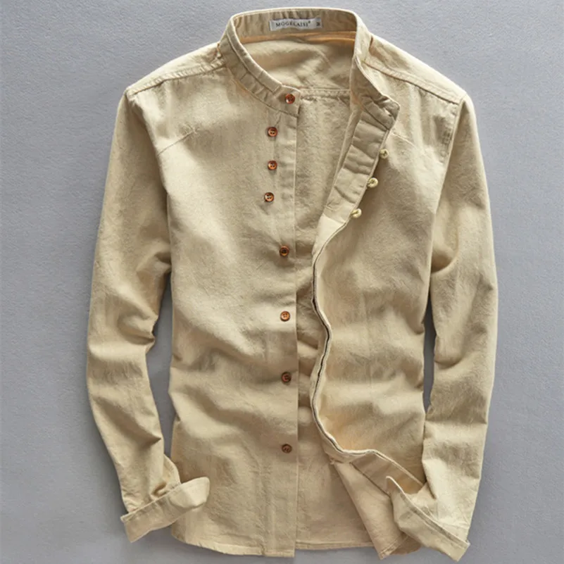 Весенняя рубашка с воротником-стойкой и длинными рукавами из хлопка льна цвет