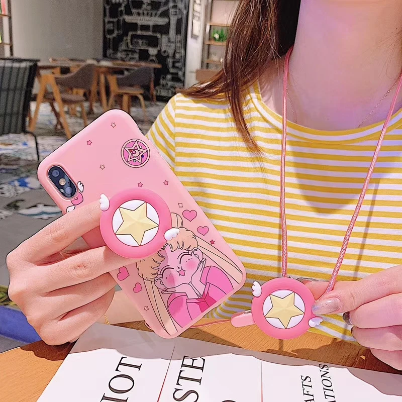 Pink Sailor Moon lanyard strap case for iphone 11 Pro max xr xs x silicone soft fly bracket relief cover shy girl 8 7 Plus 6 |