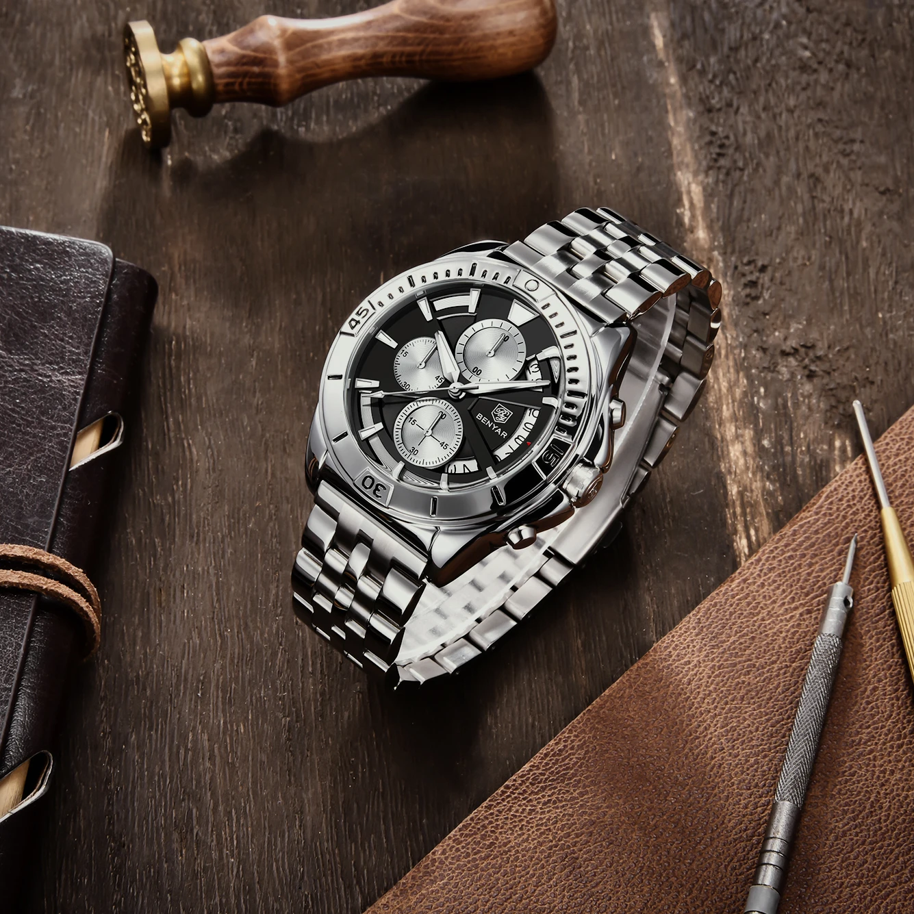 Мужские водонепроницаемые кварцевые часы с браслетом из нержавеющей