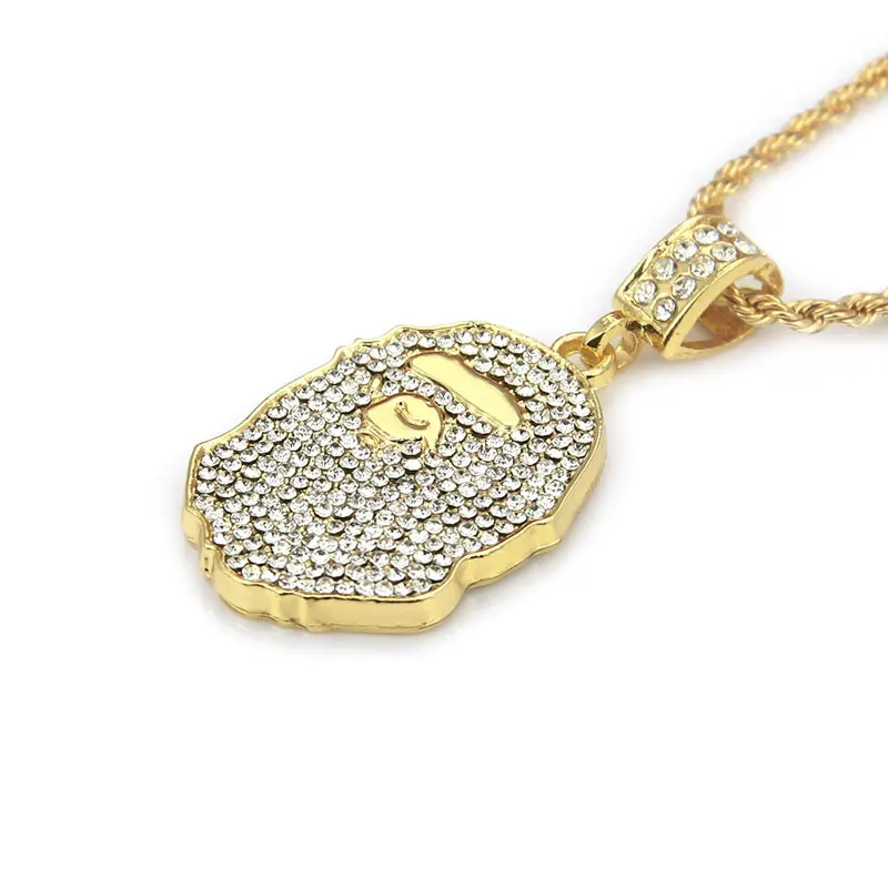 

New Hip Hop Bling Bling Iced Out Crystal Gold Color Ape Man Pendants Necklaces for Men Rapper Jewelry Gift