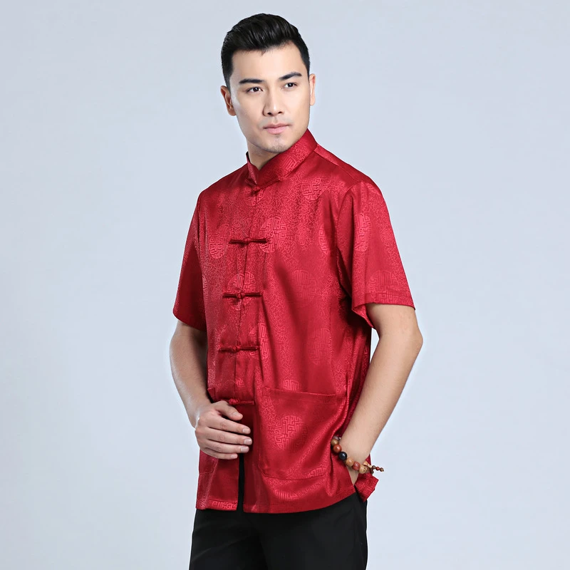 

Chinese Traditional Costumes Tang Suit for Men Satin Red Shirt Kung Fu Tops Gray White Summer Short Sleeve Oriental Clothing