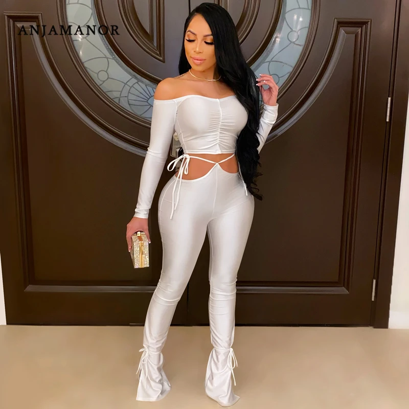 

ANJAMANOR Sexy 2 Piece Sets Off Shoulder Long Sleeve Crop Top Laced Flare Pants 2021 Spring Outfits for Women Clubwear D42-CI30