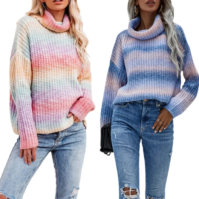 

Женский Повседневный свободный свитер с длинным рукавом S модная цветная полосатая трикотажная одежда с высоким воротником осень-зима