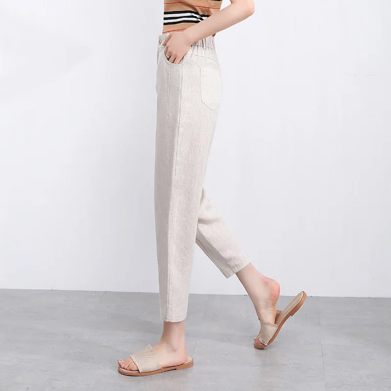 Pants Women 100% Linen Casual Style Plus Size High Waist Harem Ankle Pants Pockets Solid 2 Colors Summer New Fashion