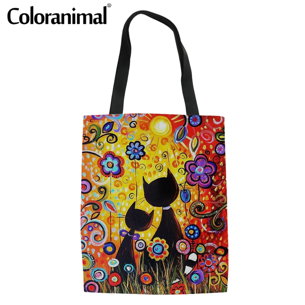 

Красочная льняная женская сумка-тоут Coloranimal с рисунком черного кота и цветов, Холщовая Сумка для покупок, Экологически чистая Холщовая Сумк...
