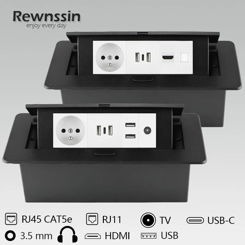 

Rewnssin Black Aluminum Alloy Slow Pop-up FR USB Power Table Socket 110-250V,Mutliple Module Free Combination Customized Outlet