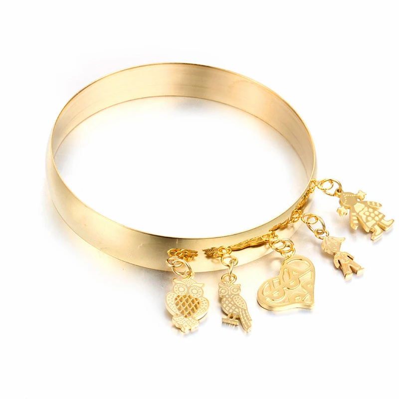 

Fashion Stainless Steel Dubai Gold Color Heart Charm Bangle & Bracelet For Women Eagle Cartoon Girl Boy Charm Wristband