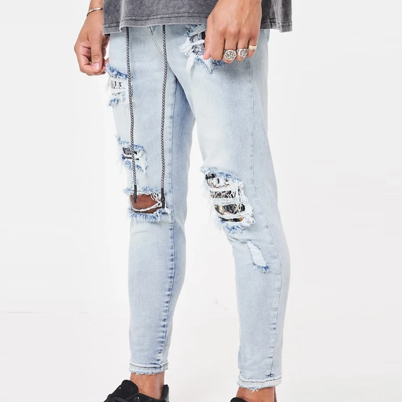 

Men's Slim Jeans Ripped Hole Washed Stitching Hip Hop Pants 2021 Trend Pure Color Hip Hop Patch Pants High Quality Clothing