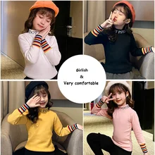 Girl Base Shirt Children Spring Autumn Winter Cotton Fashion Half-High Letters Collar Rainbow Rib Cu