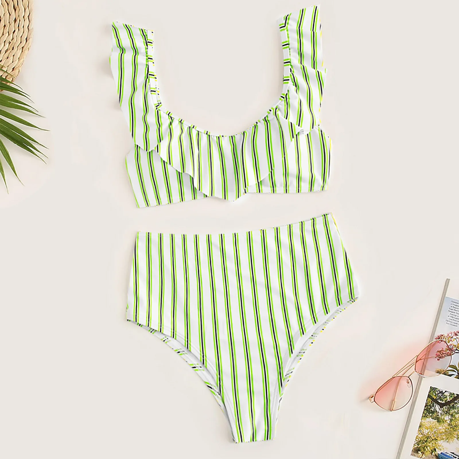 

Bikini 2021 Women Striped Push Up High Cut Hight Waist Halter Bikini Set Two Piece Swimsuit Maillot De Bain Femme