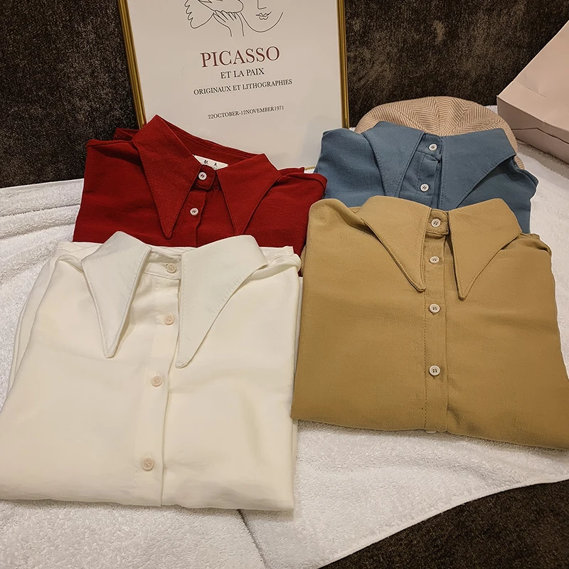 Blusas Mujer, новинка, длинный рукав, одноцветная блузка, женская рубашка, повседневная, свободного размера плюс кардиган, женская блуза, осенняя одежда 6859 50