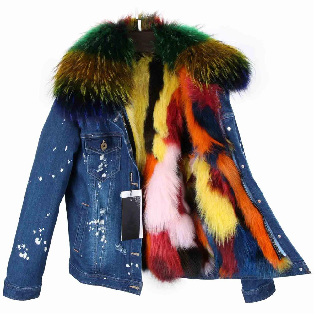 2022 Girl Coat Woman Autumn Winter Short Denim Jacket Real Fox Fur Coats Female Detachable Collar pelliccia donna ecologica enlarge