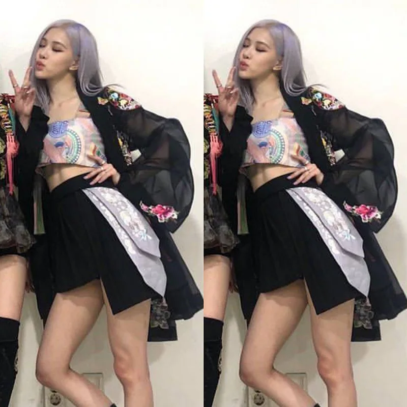 KPOP TWICE IU ROSE summer sexy short sling vest embroidery Cardigan jackets coat+black slim High waist mini skirts women outfits