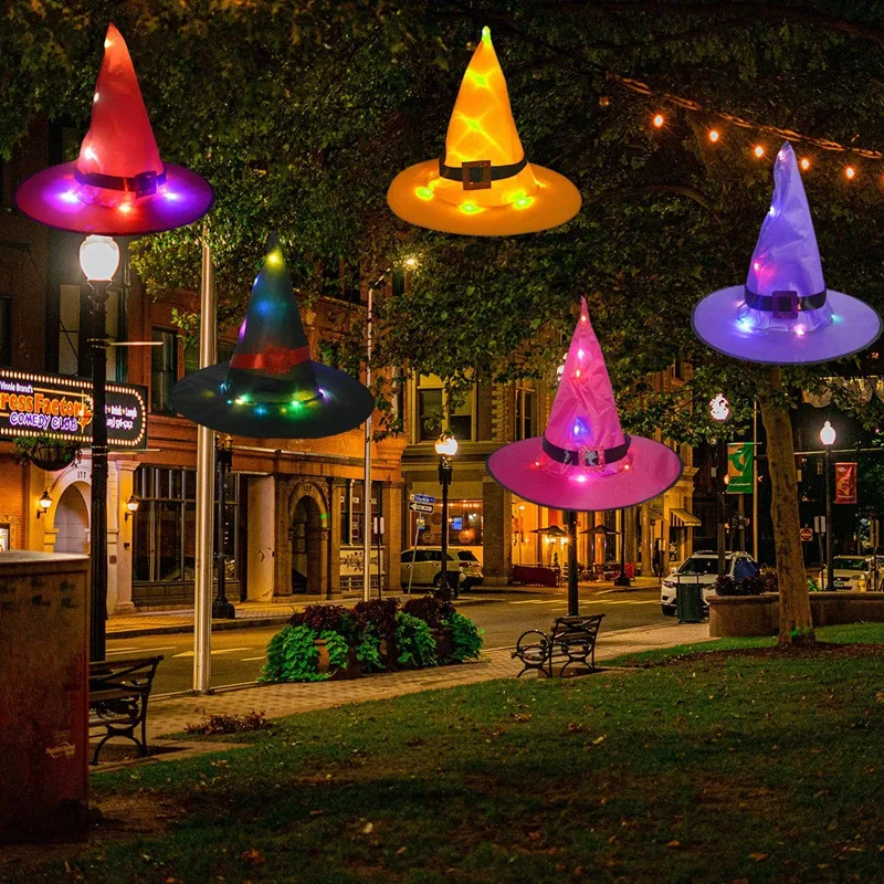 

5 шт. украшения на Хэллоуин, светодиодная подсветка, шляпы ведьмы, подвесные светящиеся со светом для улицы, двора, сада, дерева