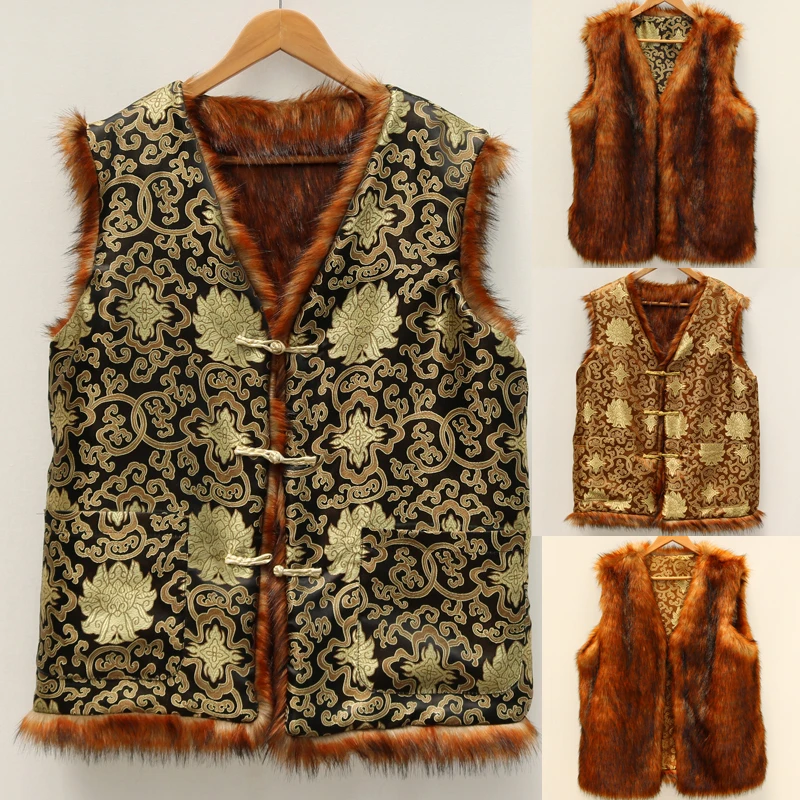 Мужской меховой жилет из меха енота Шелковый наряд с толстой теплой шалью