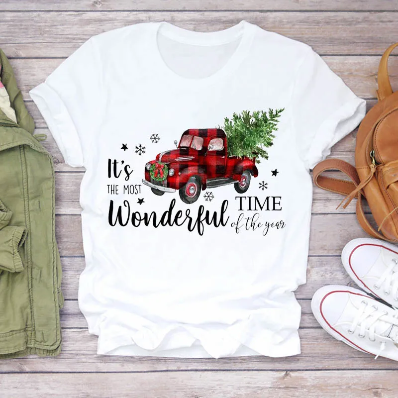 Женская футболка с изображением грузовика снежинки дерева Нового года