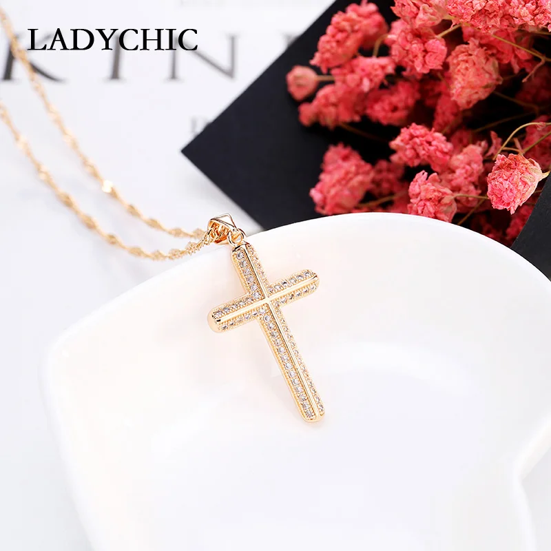 LADYCHIC, Трендовое Золотистое Ожерелье с кристаллами и крестом, романтичное ожерелье для женщин и девочек, ювелирное изделие, Прямая поставка LN1151