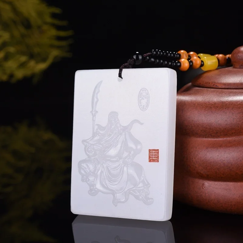 

Natural Chinese White Jade Hand Carved Guan Gong Pendant Fashion Boutique Jewelry Men and Women Necklace Popular Gift