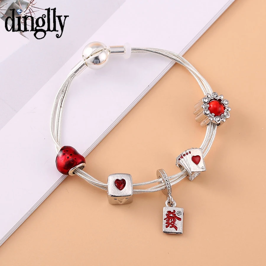 

Dinglly New 3 Snake Chain Bracelets For Women Original Red Mahjong Get Rich Pendant LOVE Poker Beaded Silver Color Bracelets