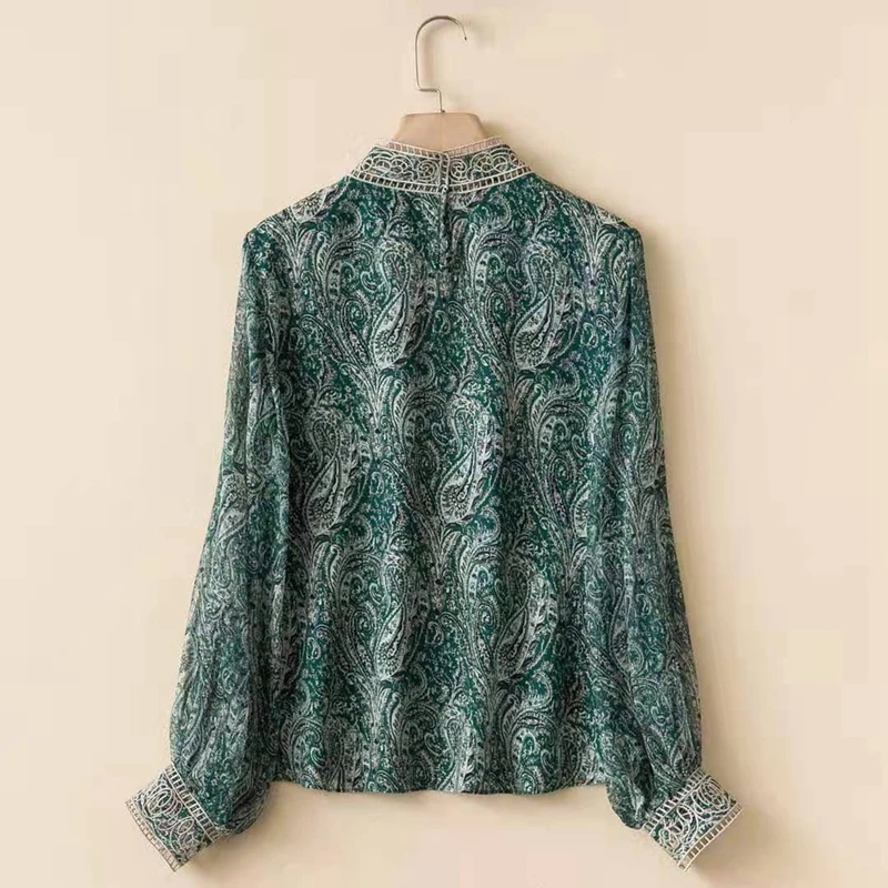 

2021 Spring Summer Hot Sale Blouse Shirt Woman Stand Neck Vintage Print Hollow Out Embroidery Long Sleeve Black Red Green Tops