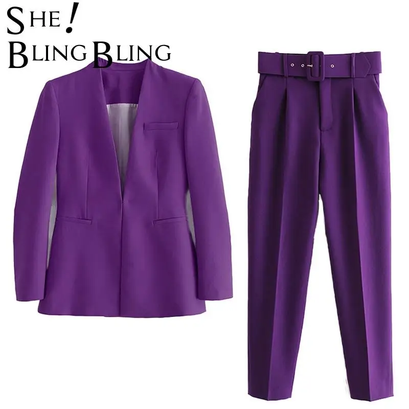 Женский офисный костюм SheBlingBling комплект из блейзера и брюк голубые брюки с поясом