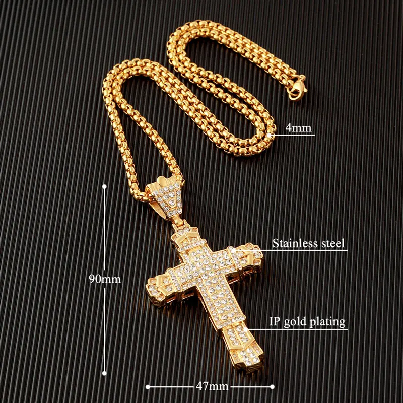 Новый Хрустальный Крест Ожерелье Мужчины Золото Цвет хип хоп из нержавеющей