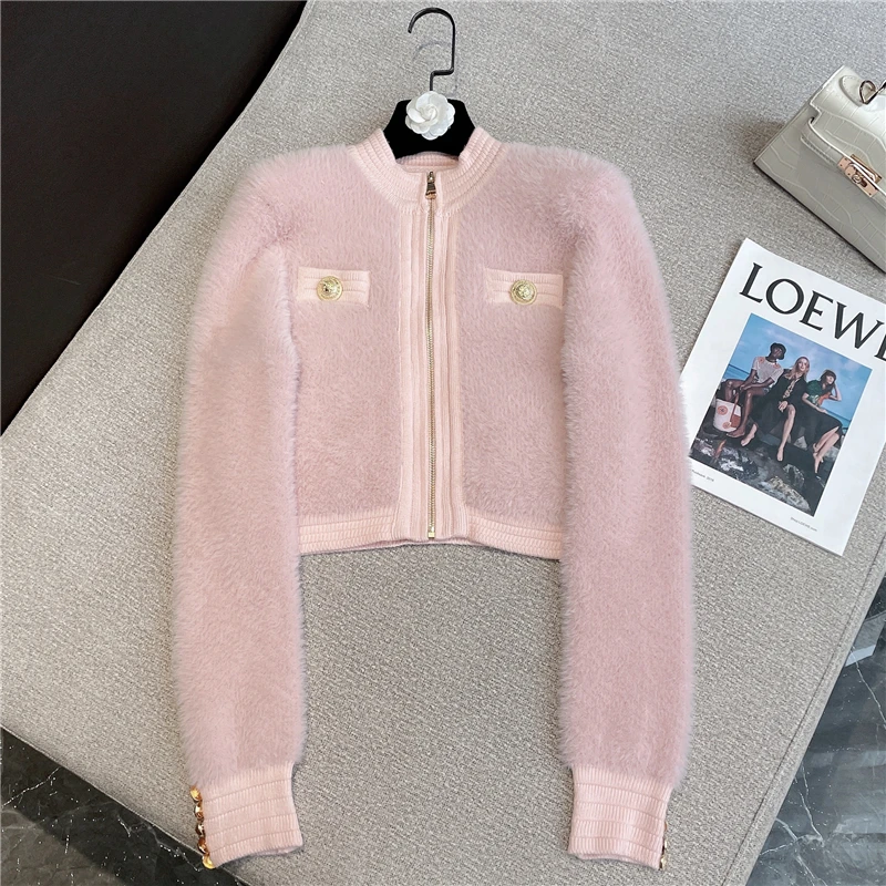 

High Quality Women Fashion Winter Elegant Sweet Cute Foreign Metal Zipper Copper Buckle Mink Cardigan Sweater Short Jackeet Coat