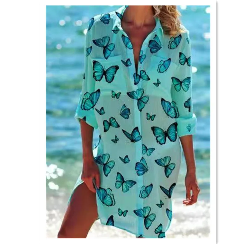 

Черное платье-рубашка с длинным рукавом и отложным воротником, с принтом бабочек