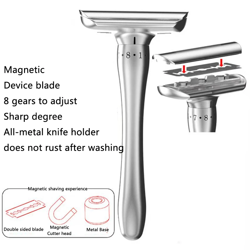 

Razor For Men Adjustable 1-8 File Hair Removal Safety Razor With Magnetic 1 Razor & 5 blades & 1 base Shaving Set