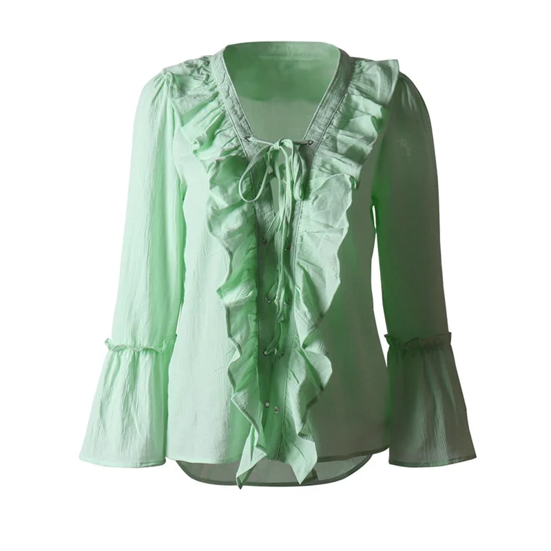 

Women Tops and Blouse Ruffles Long Sleeve V-neck Loose Blue White Blouses Spring Top Office Female Large Size Shirts