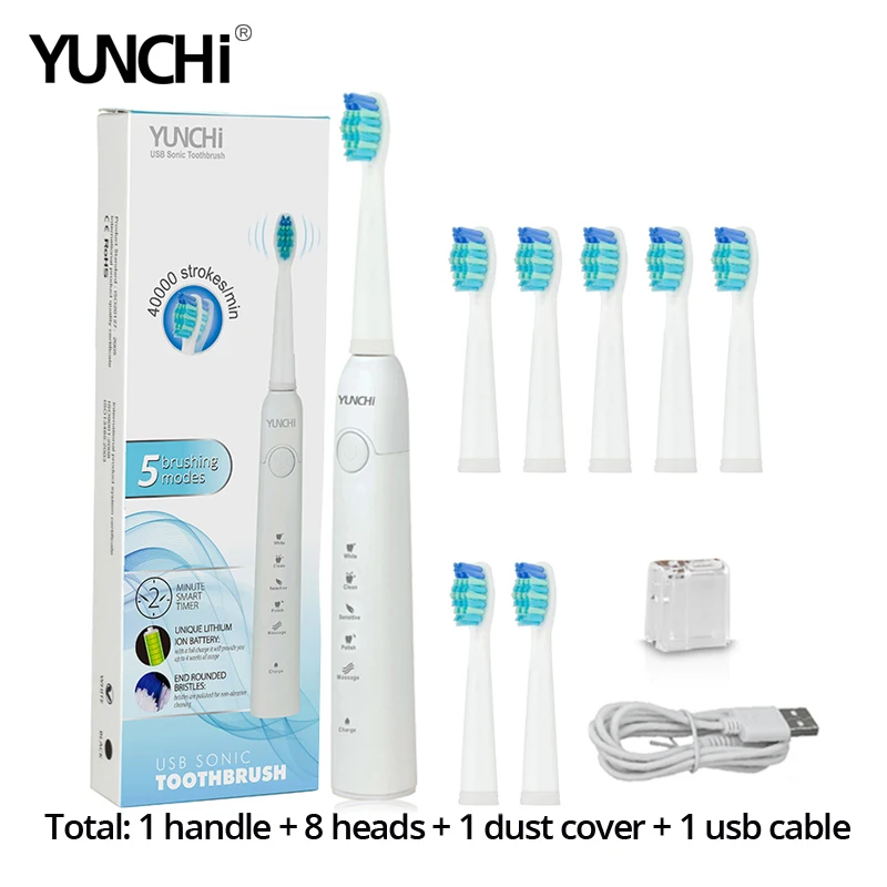White conbination Звуковая электрическая зубная щетка, USB перезаряжаемая зубная щетка для взрослых с таймером, 5 режимов с сменными головками+ 5 головок в подарок - Цвет: White conbination