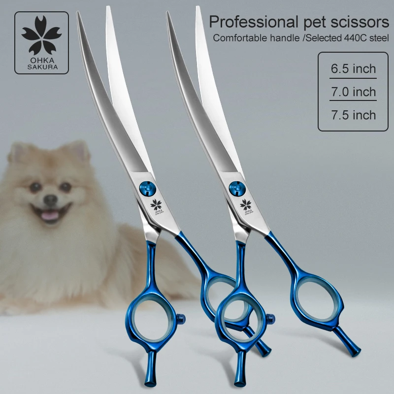 Made in China Yinghuawu brand High qualizeity steel exquisite workmanship Blue handle dogs hair pet curved scissors