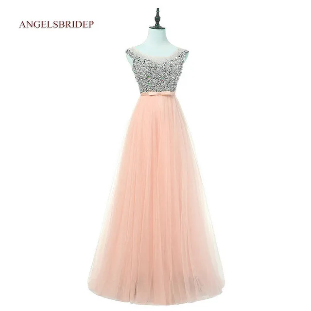 

ANGELSBRDEP Sheer Neck Long Evening Dresses Pageant Gowns Formal Crystal Sash Floor-Length Tulle Abendkleider Prom Parry Gowns